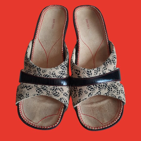 Y2K Diesel Suede Leather Mules Sandals Slip On Heels US Size 7 Beige Black - Picture 5 of 8